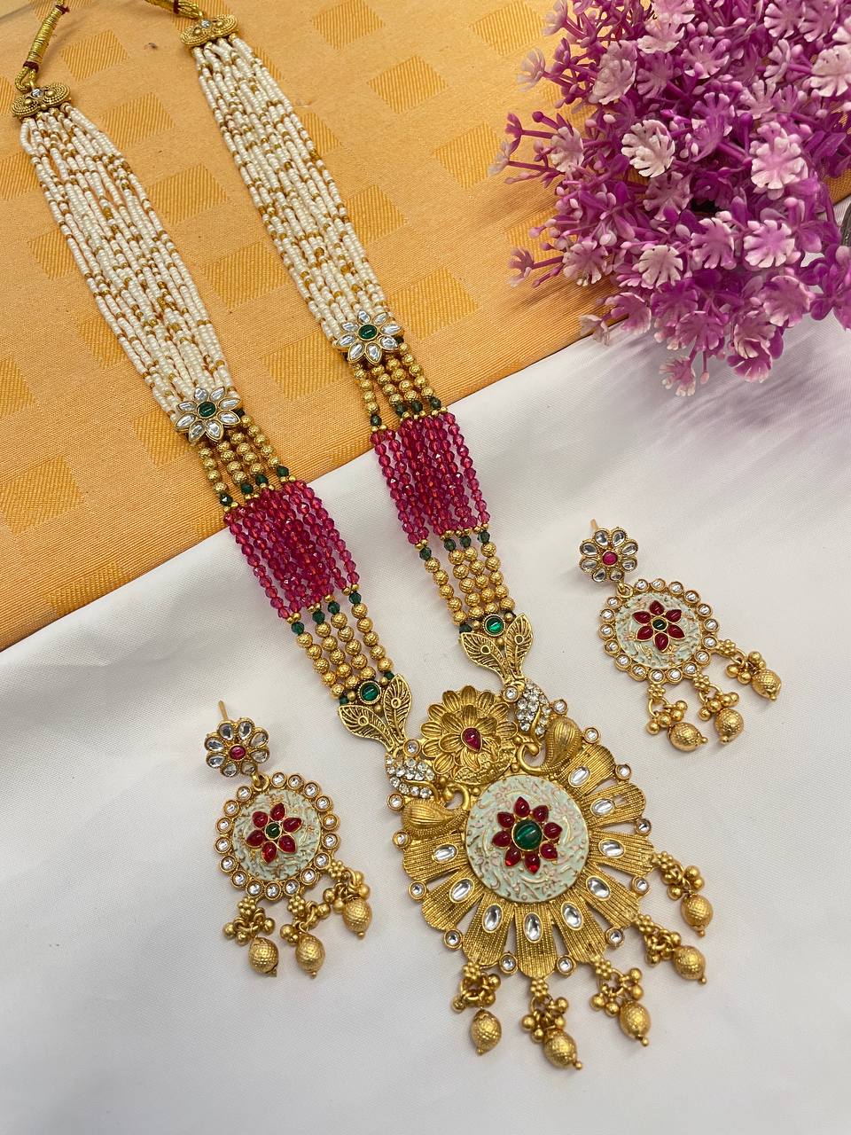Rajwadi Gold Polish Moti Mala with Meenakari Long Necklace Set