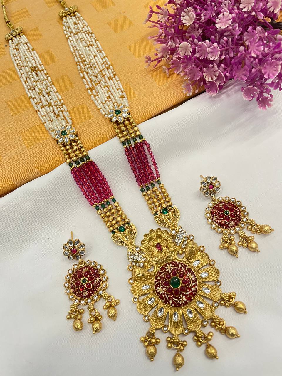 Rajwadi Gold Polish Moti Mala with Meenakari Long Necklace Set