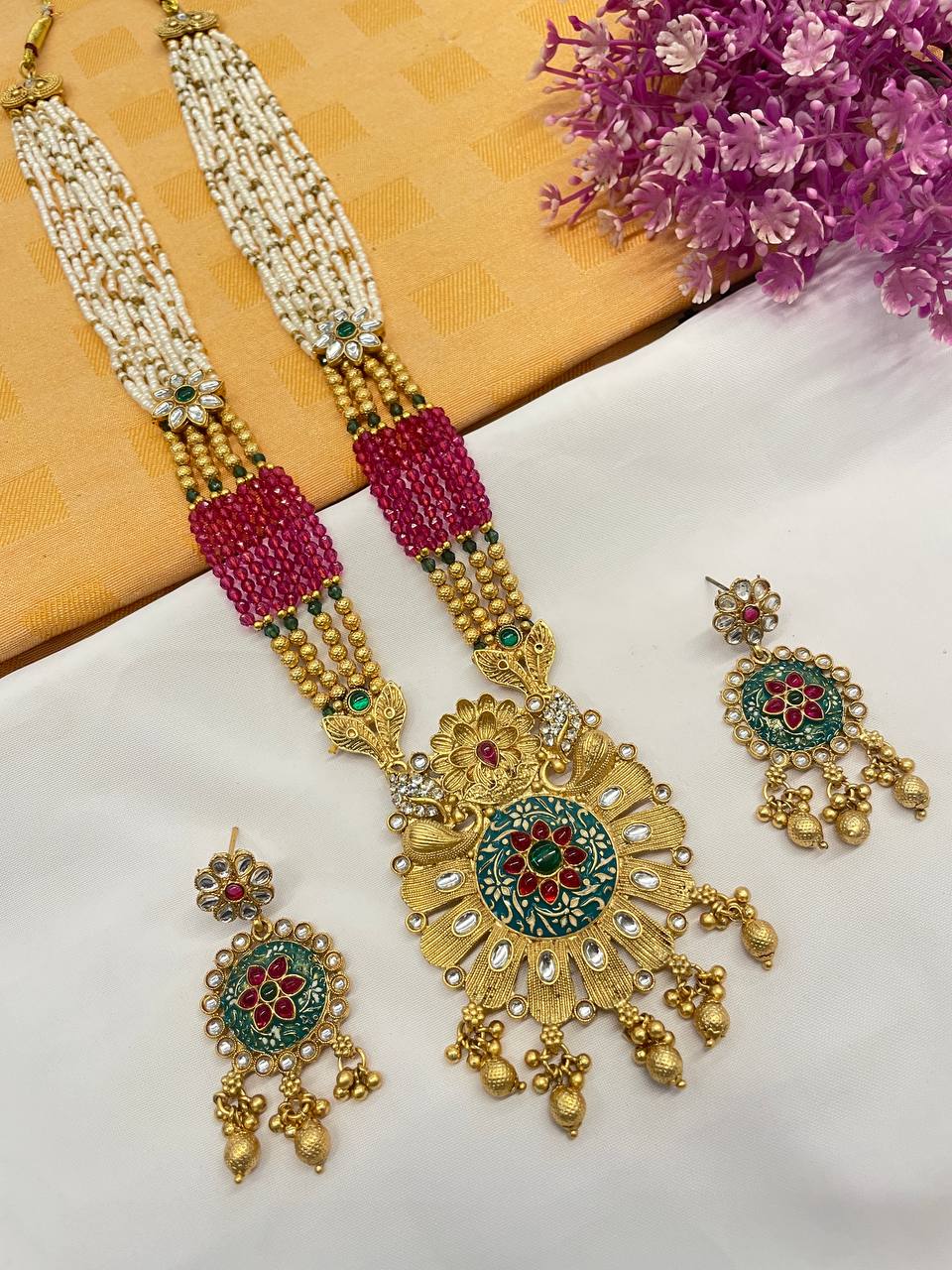 Rajwadi Gold Polish Moti Mala with Meenakari Long Necklace Set