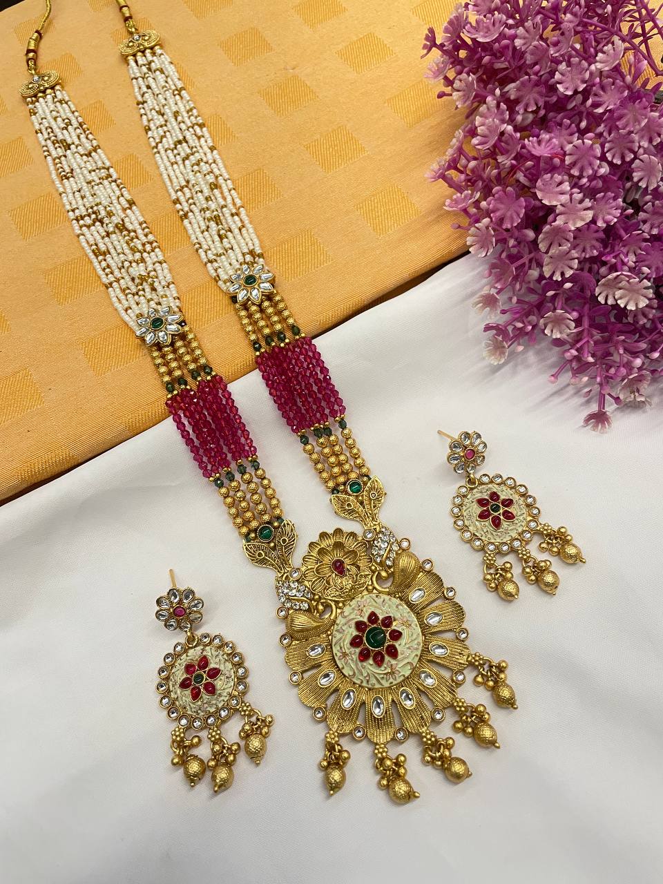 Rajwadi Gold Polish Moti Mala with Meenakari Long Necklace Set