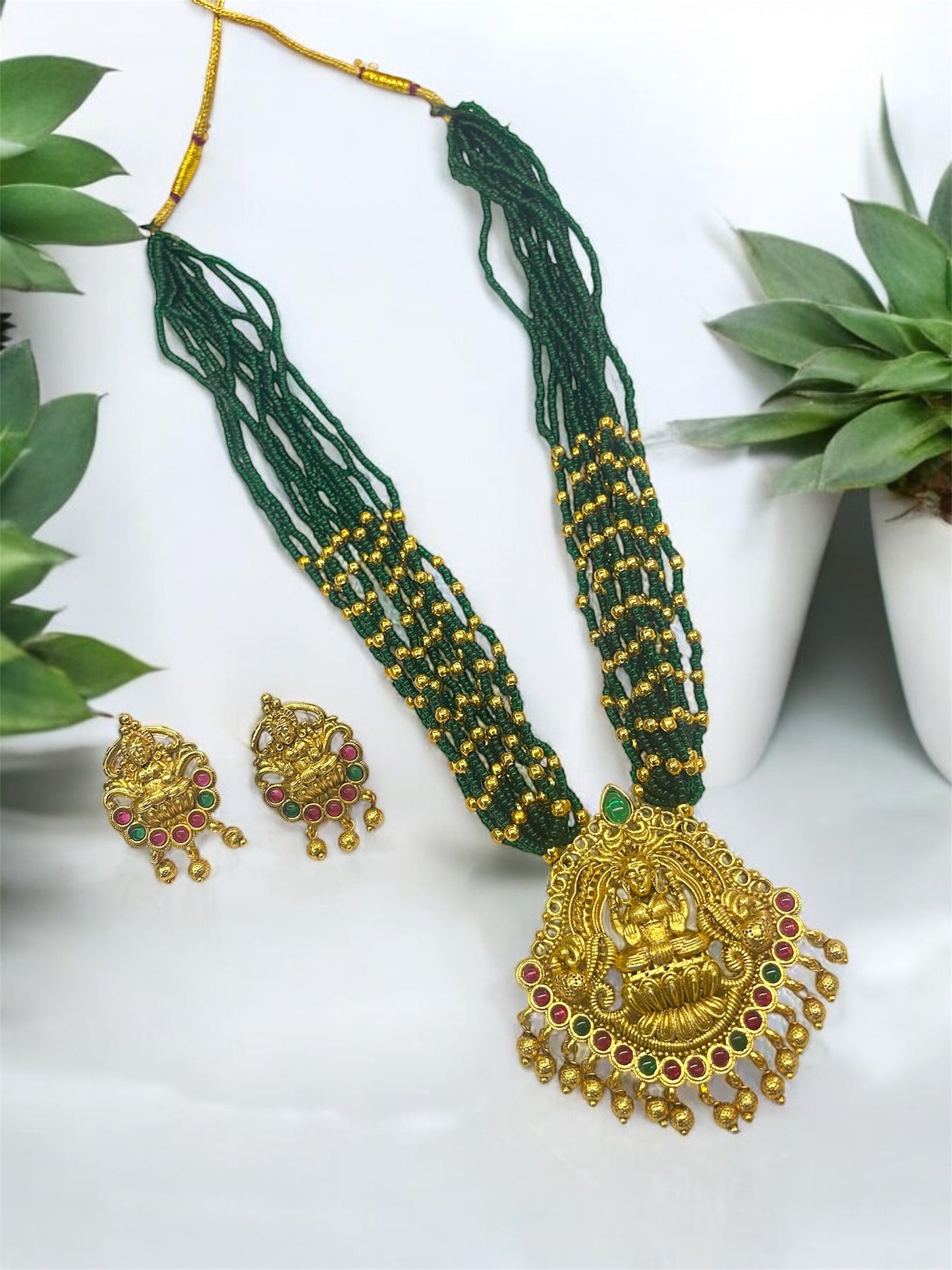 Temple Laxmi Long Necklace Set with Crystal Moti Mala
