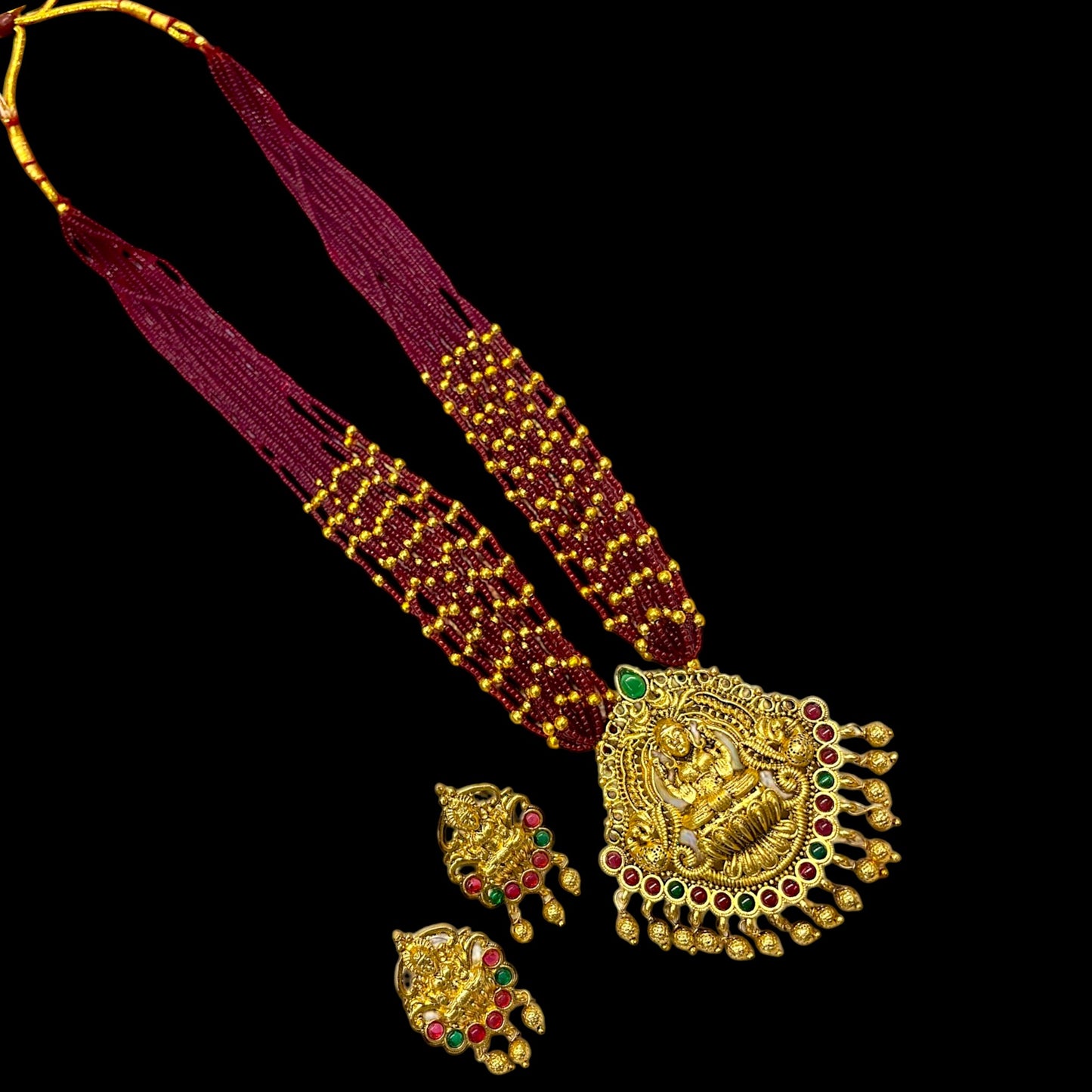 Temple Laxmi Long Necklace Set with Crystal Moti Mala