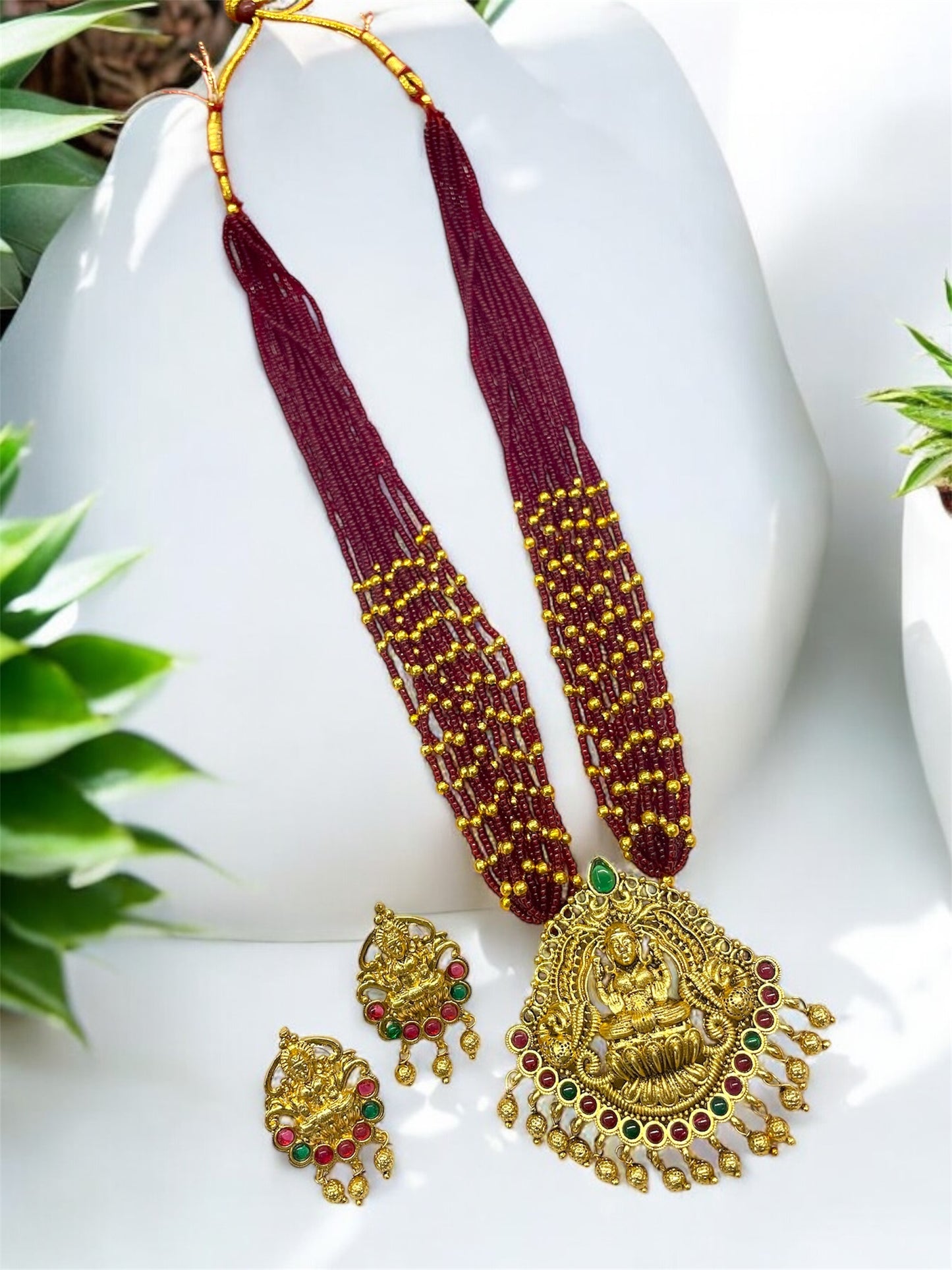 Temple Laxmi Long Necklace Set with Crystal Moti Mala