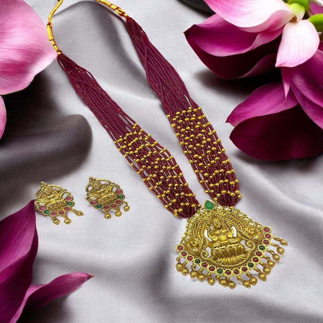 Temple Laxmi Long Necklace Set with Crystal Moti Mala