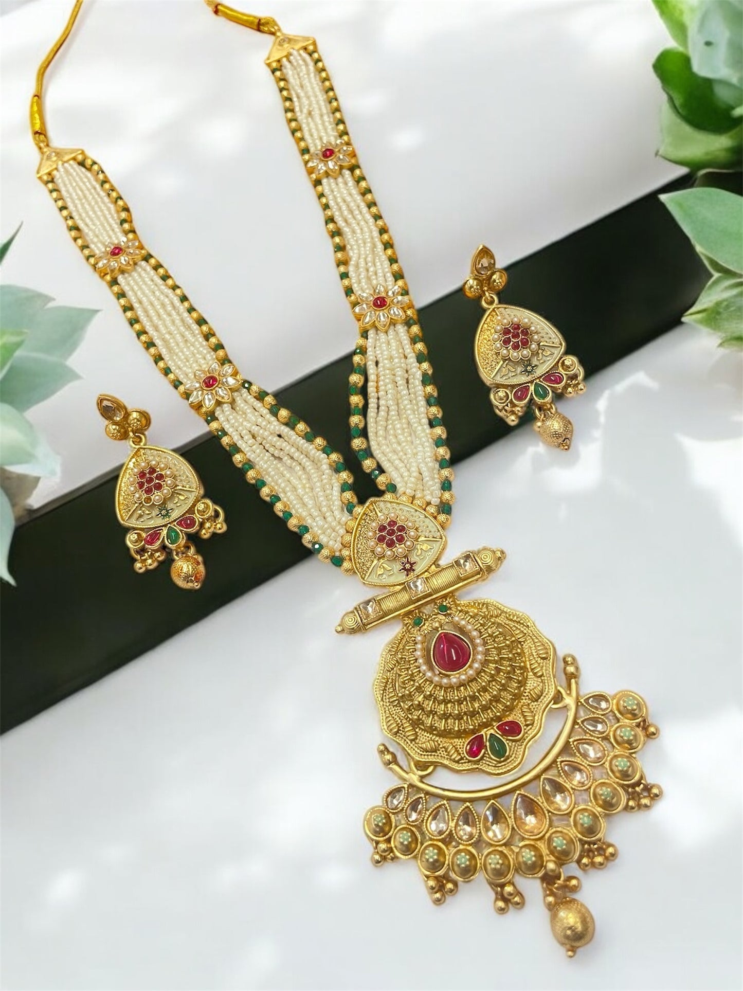 Traditional Rajwadi Pearl Mala Long Necklace Set