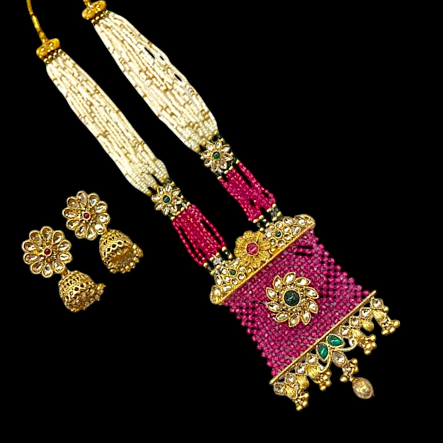 Antique Rajwadi Gold Crystal Chatai Work Long Necklace Set with Earrings