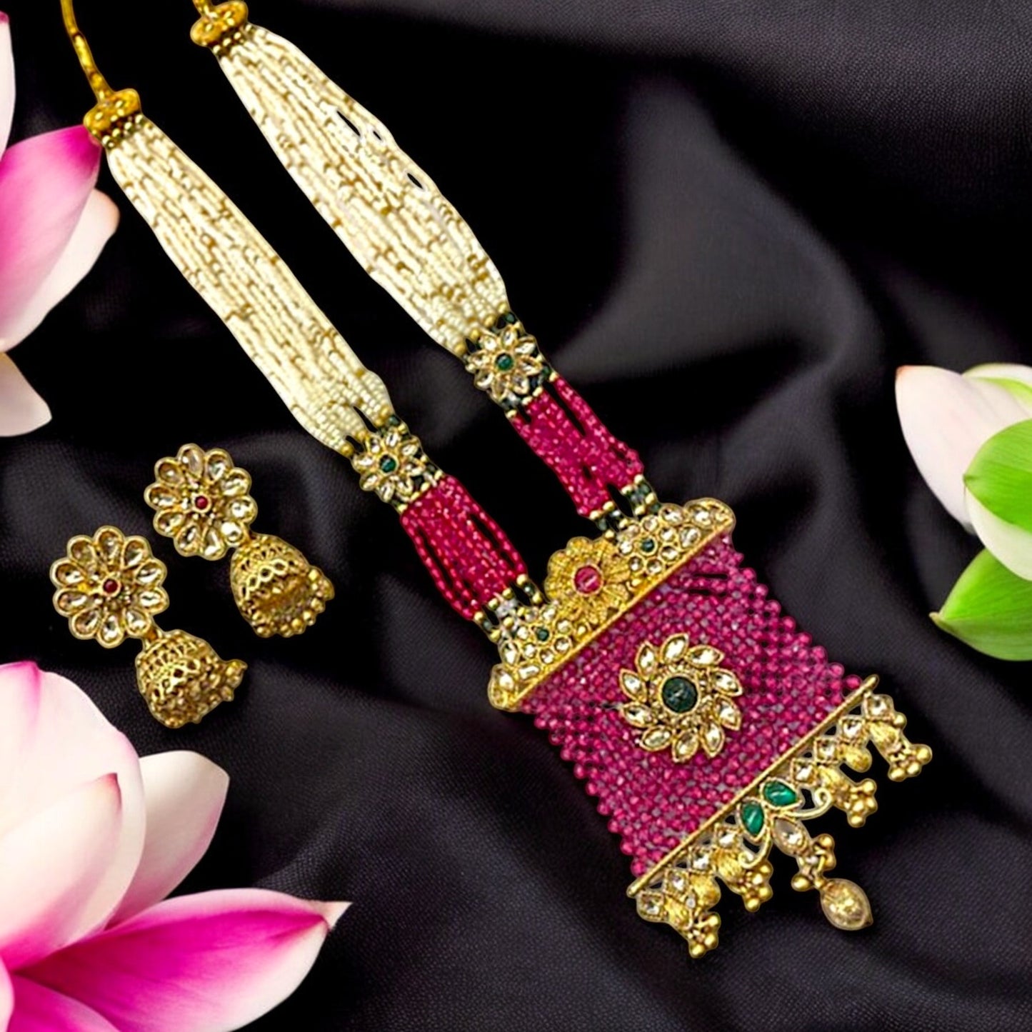 Antique Rajwadi Gold Crystal Chatai Work Long Necklace Set with Earrings