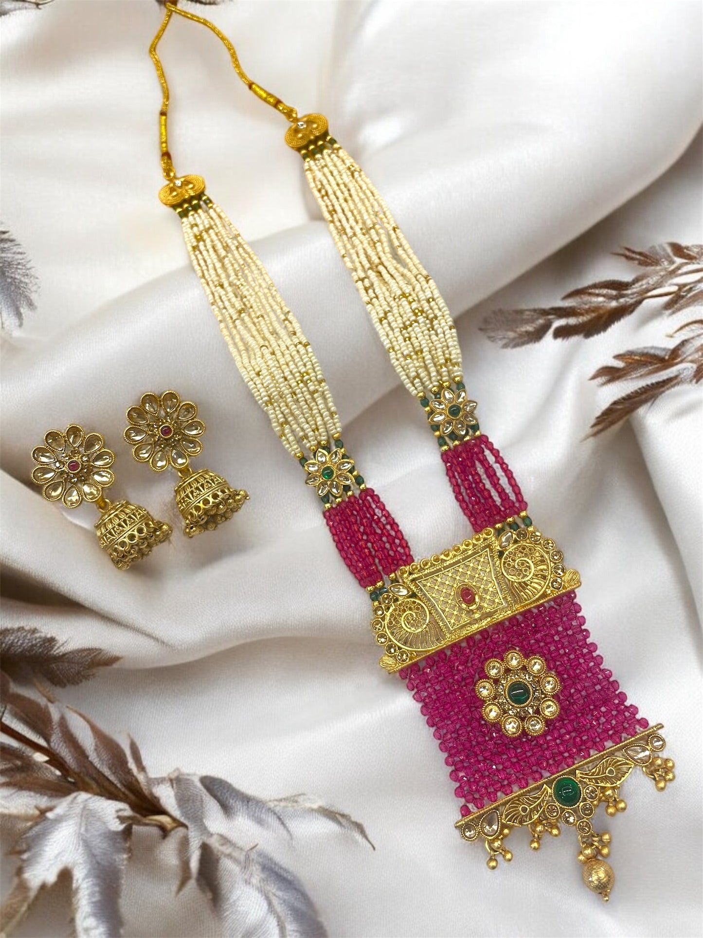 Antique Rajwadi Gold Pink Crystal Chatai Work Long Necklace Set with Earrings