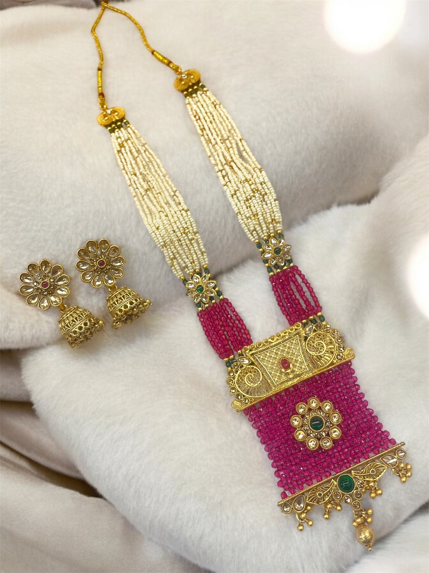 Antique Rajwadi Gold Pink Crystal Chatai Work Long Necklace Set with Earrings