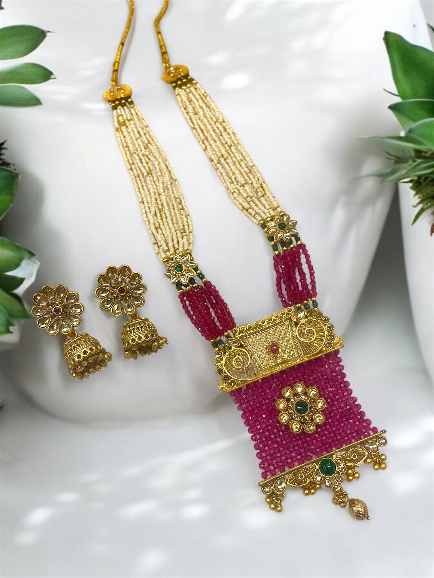 Antique Rajwadi Gold Pink Crystal Chatai Work Long Necklace Set with Earrings