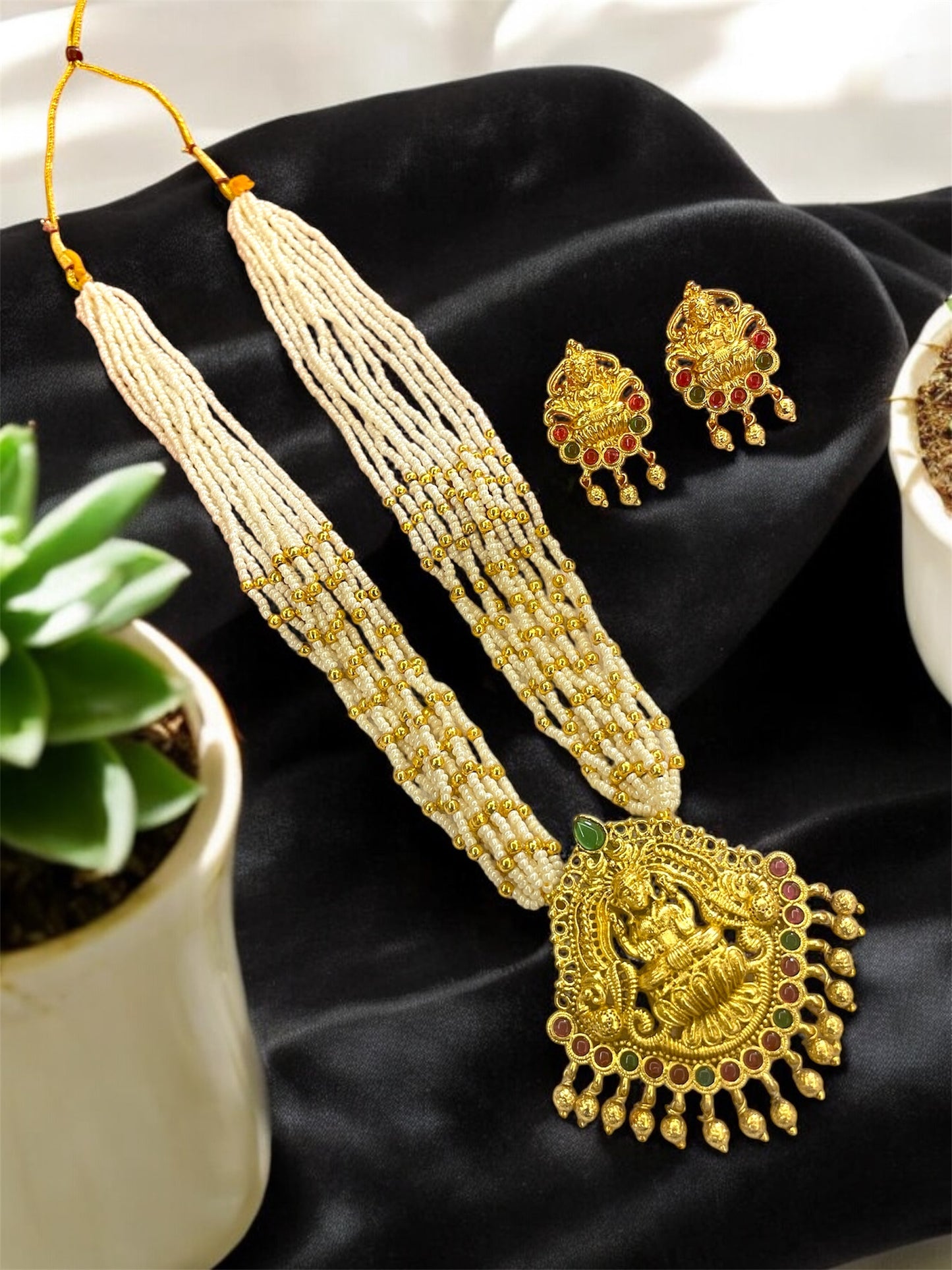 Temple Laxmi Long Necklace Set with Crystal Moti Mala