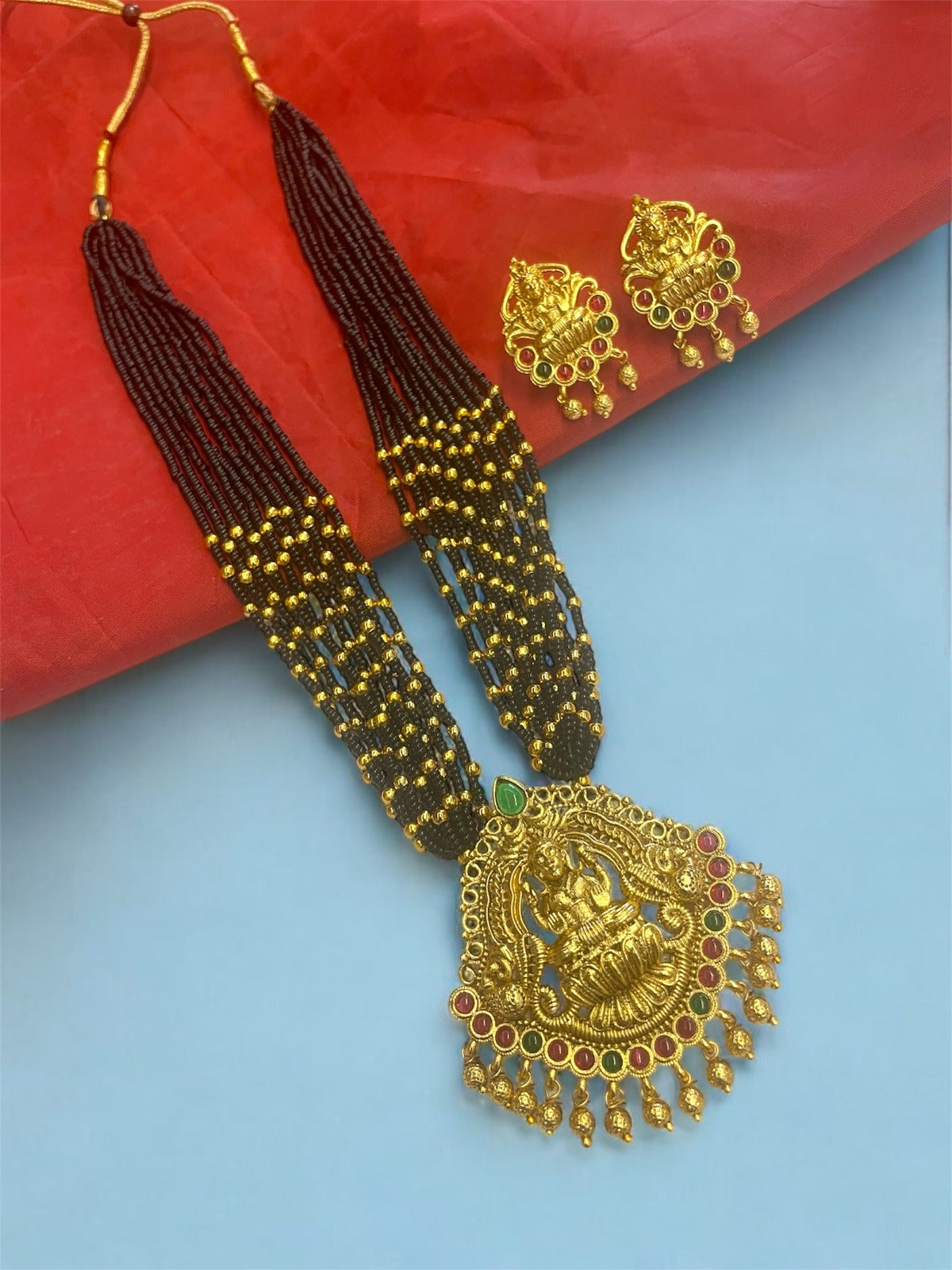 Temple Laxmi Long Necklace Set with Crystal Moti Mala