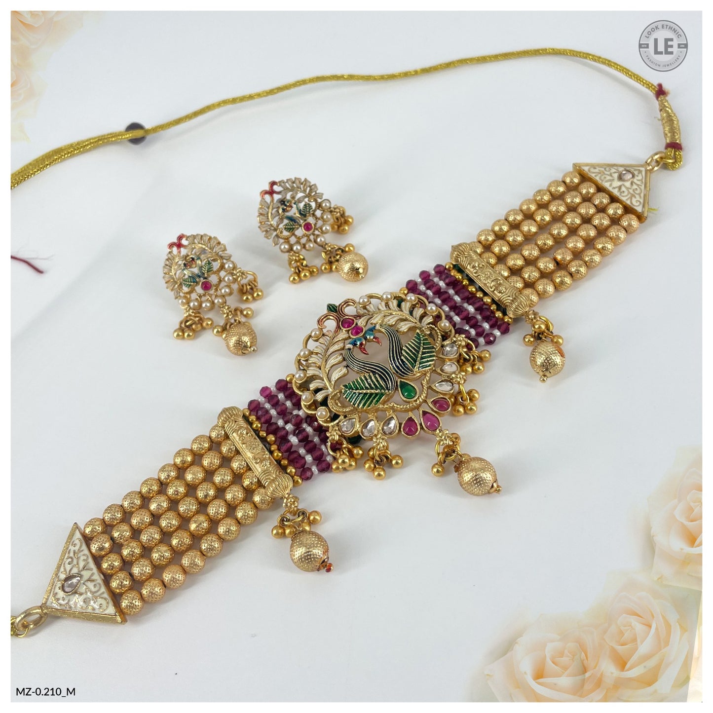 Traditional Royal Gold-Toned Pearl-Encrusted Meenakari Peacock Motif Choker Jewelry Set for Women
