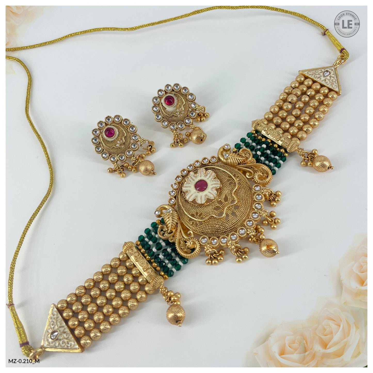 Indian Rajwadi Gold Plated Pearl Beaded Peacock Style Choker Necklace Set for Women