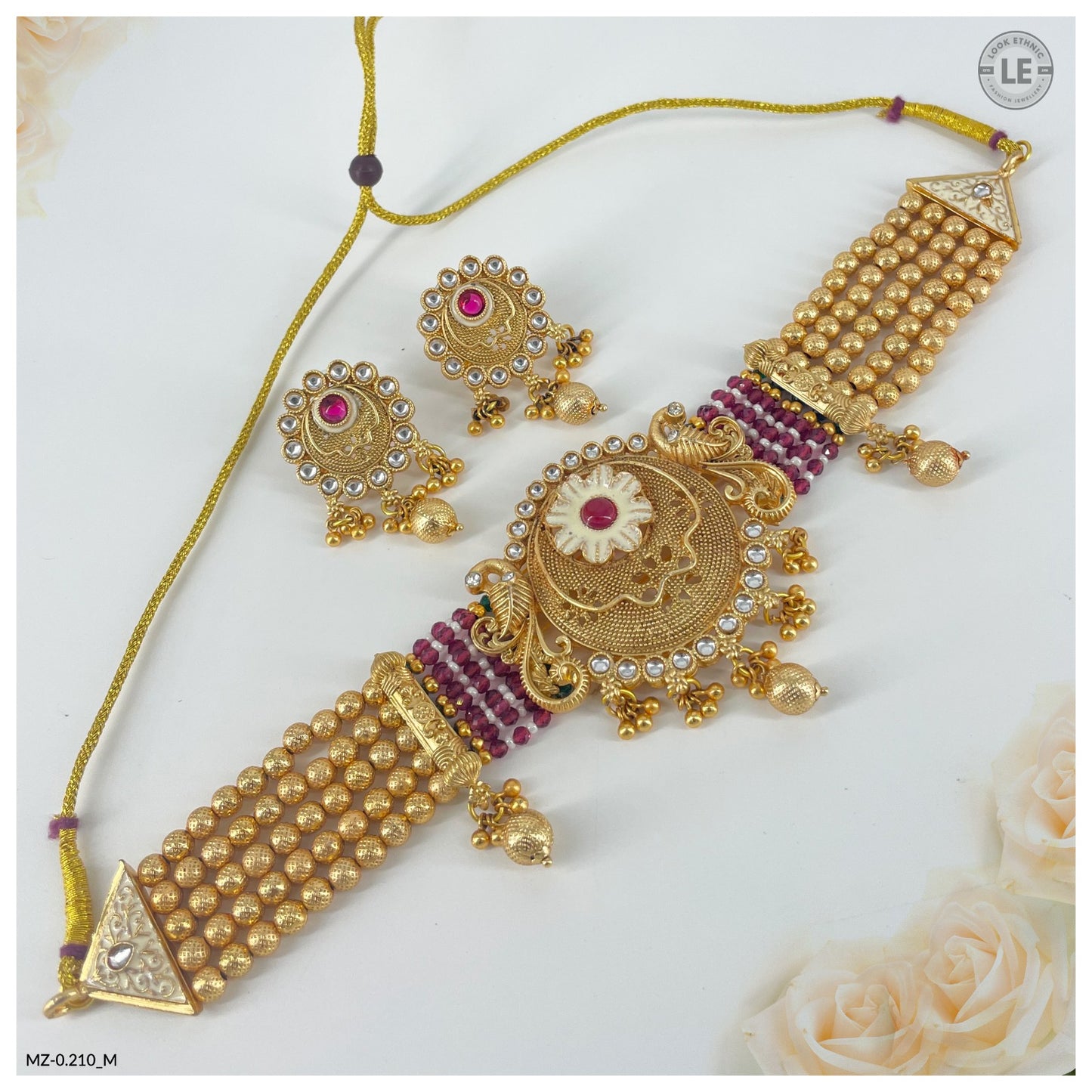 Indian Rajwadi Gold Plated Pearl Beaded Peacock Style Choker Necklace Set for Women