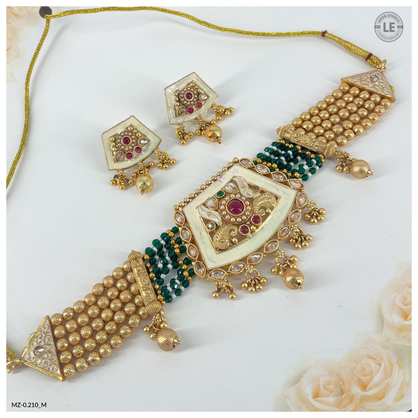 Indian Rajwadi Gold Plated Pearl Beaded Meena Work Peacock Style Choker Necklace Set for Women