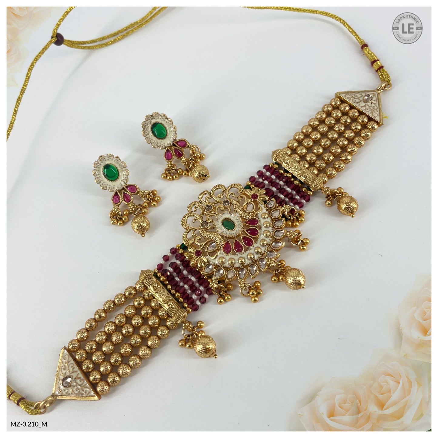 Traditional Royal Gold-Toned Pearl-Encrusted Meenakari Peacock Motif Choker Jewelry Set for Ladies