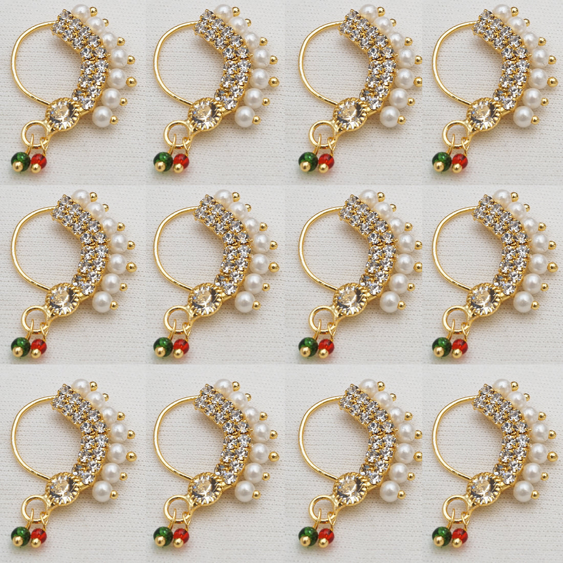 12 pieces Combo Moti With Setting Stone Press Nath Set Look Ethnic