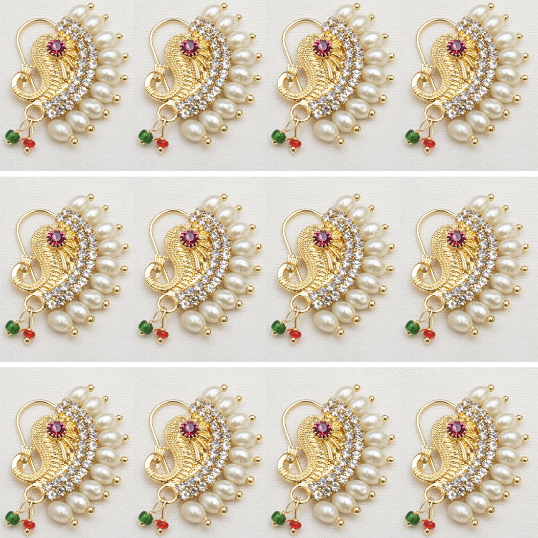 Elevate your traditional look with our Pecock Style With Pearls Gold Plated Nath Combo