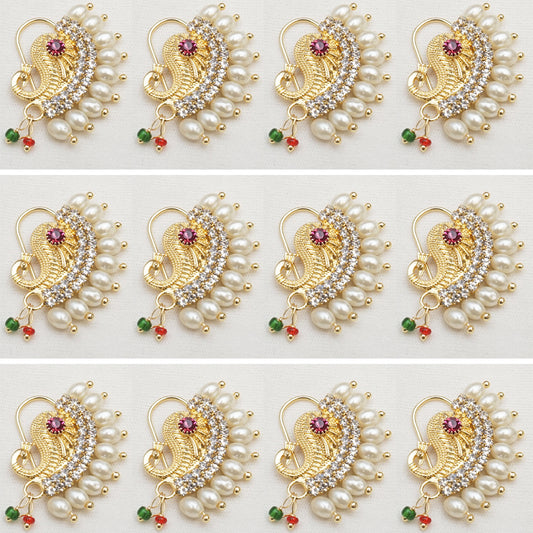 Elevate your traditional look with our Pecock Style With Pearls Gold Plated Nath Combo