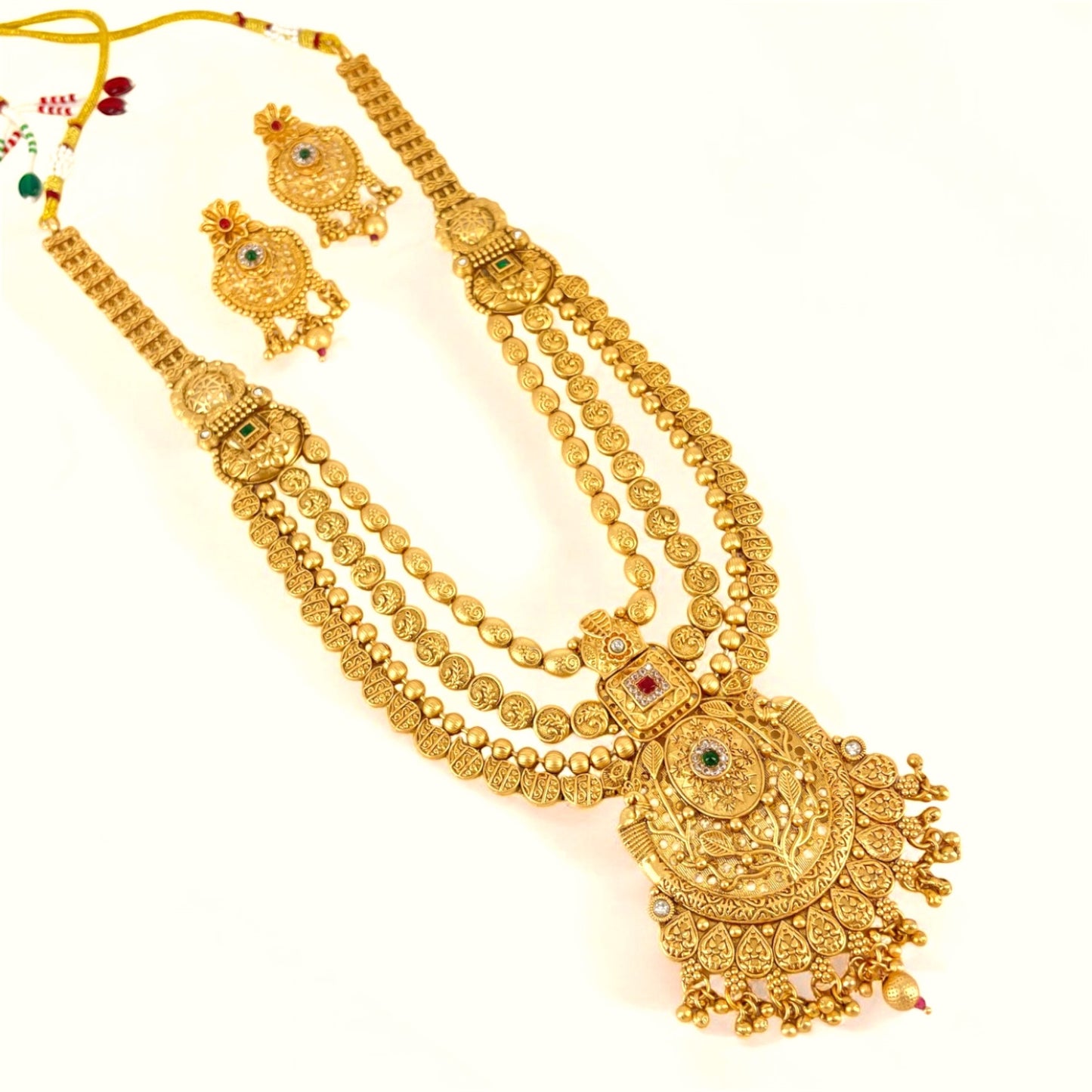 3 Layer Traditional AD Stone & Pearl Studded With Rajwadi Gold Plated Long Necklace set