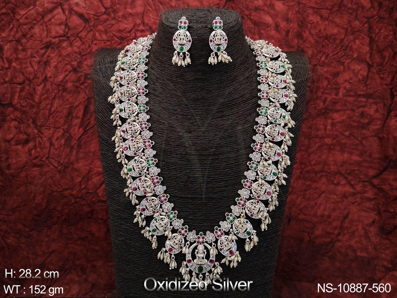 Guttapusalu Design Oxidised Silver Fancy Style Party wear Beautiful Long Temple Jewellery Oxidised Silver Necklace Set