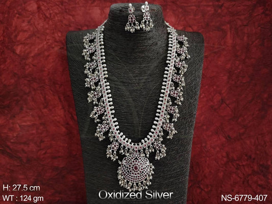 Long Silver Oxidised Antique Necklace Set