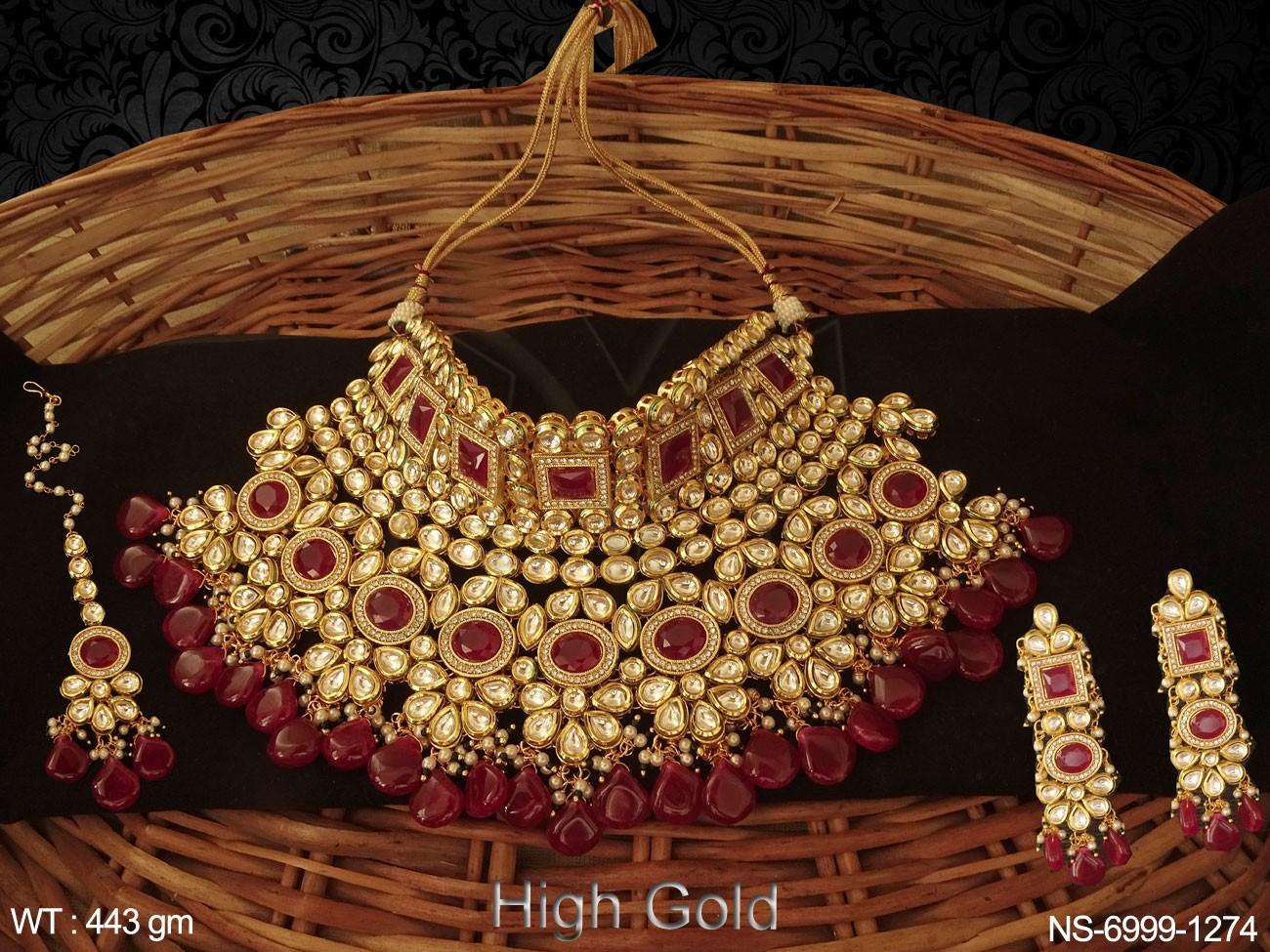 Elevate any outfit with our Beautiful Designer Choker style Kundan High Gold Necklace Set.