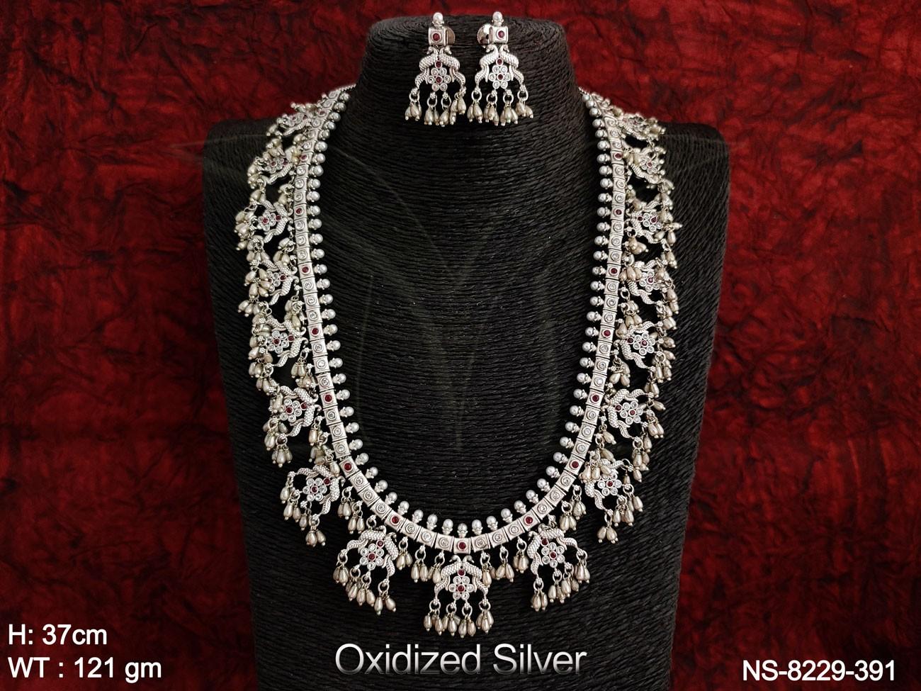 Beautiful Designer Oxidized Silver Polish Full Stones Peacock Design Party wear Fancy Long Necklace Set