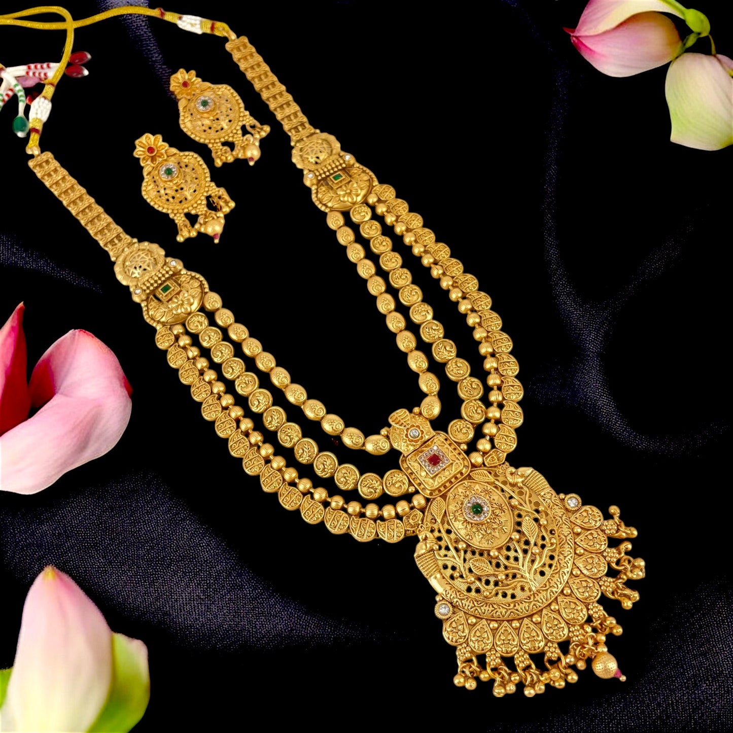 3 Layer Traditional AD Stone & Pearl Studded With Rajwadi Gold Plated Long Necklace set