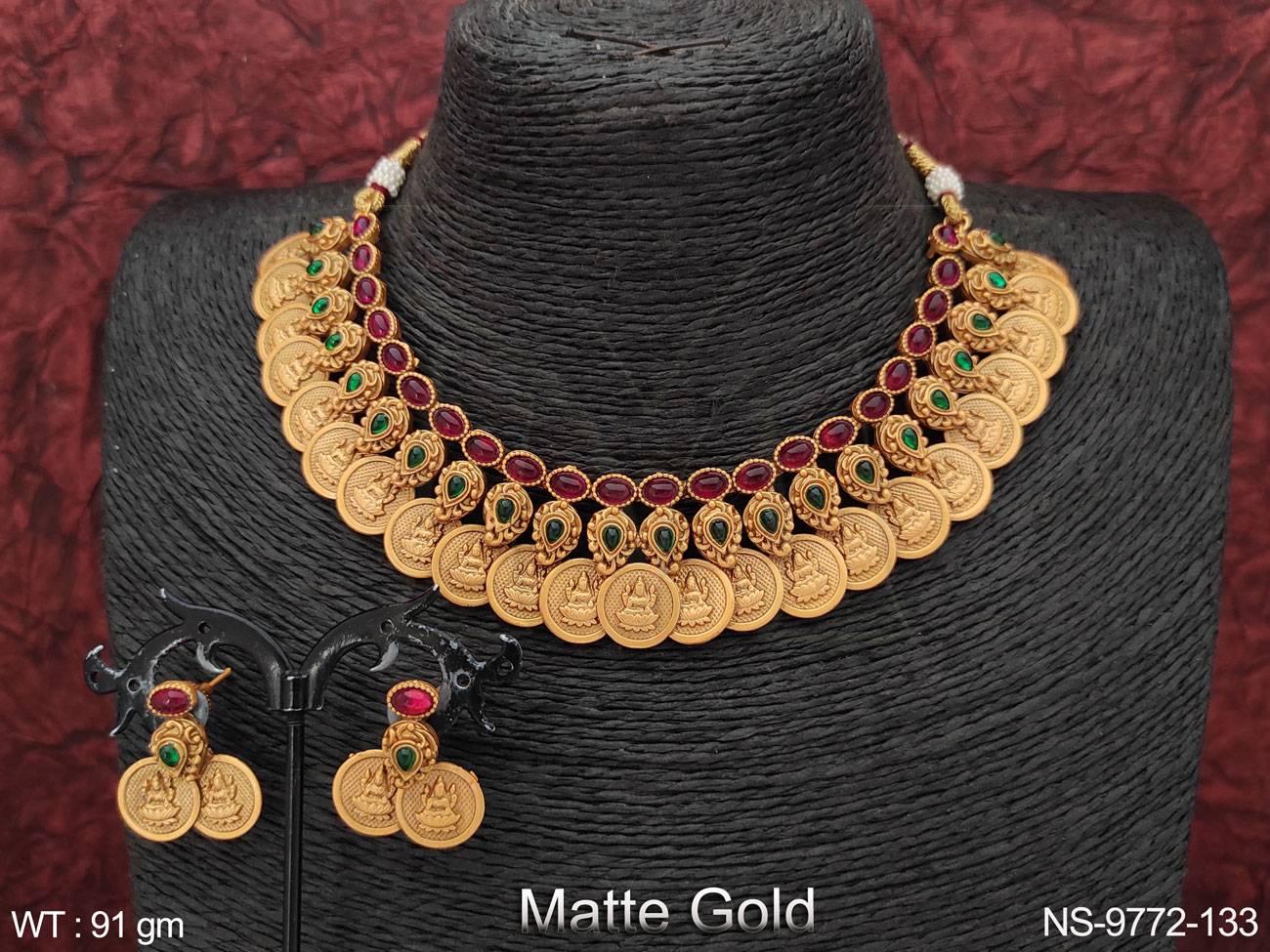 This God Laxmi Coin Matte Gold Polish Designer Beautiful Temple Necklace Set