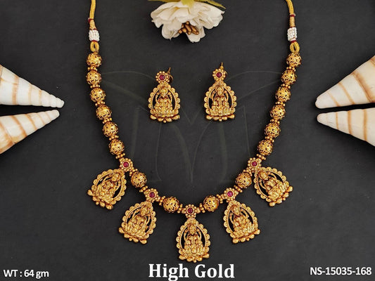 Enhance your style with our Designer Fancy Style High Gold Polish Party Wear Temple Jewellery Set.