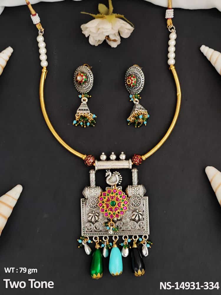 This Oxidized Jewellery Fancy Peacock Design Two Tone Polish Party wear Necklace Set