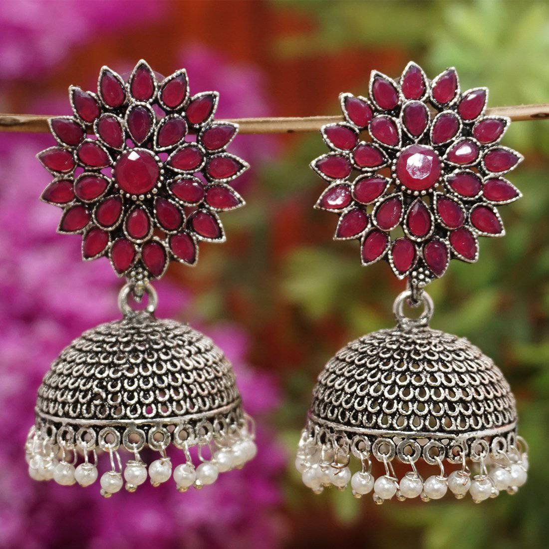 Oxide Plating Maroon Sliver Colour Jhumka Earring