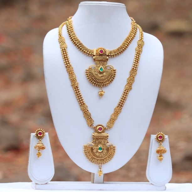 Gold plated Green Maroon Ruby Kundan Haram Necklace Set