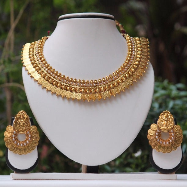 White Stone Laxmi Temple Coin Gold Necklace Set