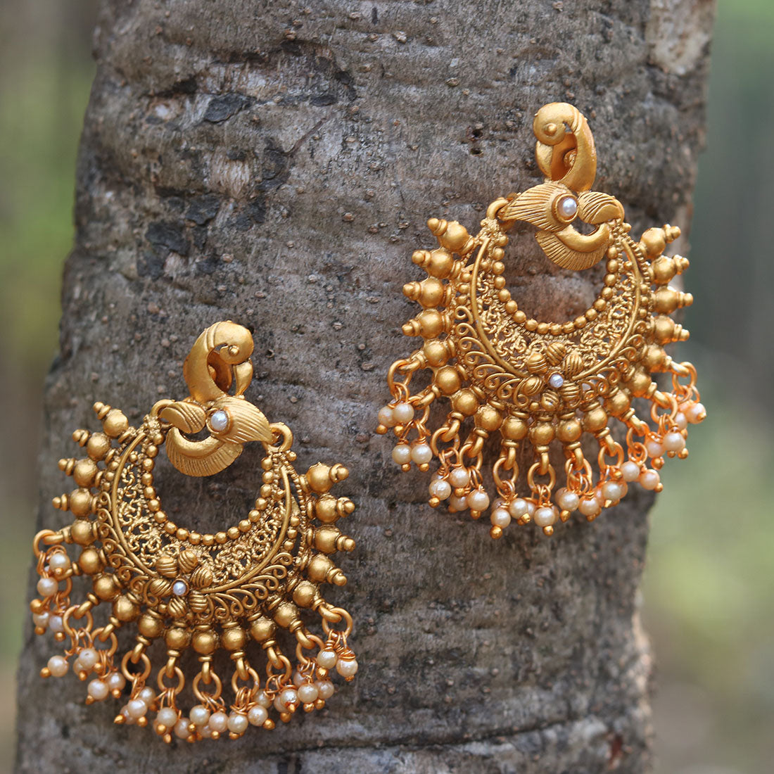 Matt Gold Plated Chandbali With Pearls Earrings