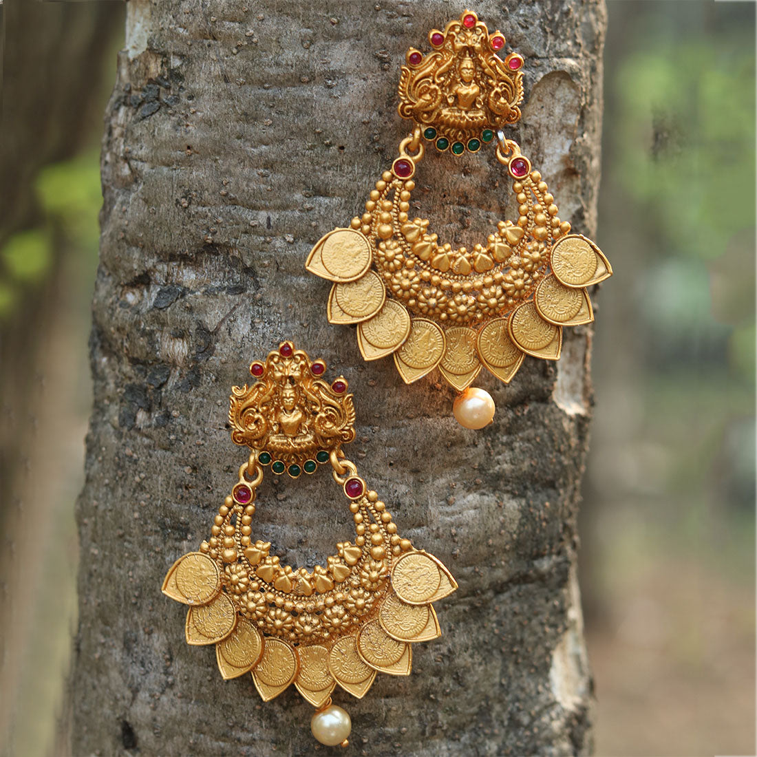Matt Gold Plated Laxmi Coin With Pearls Earring