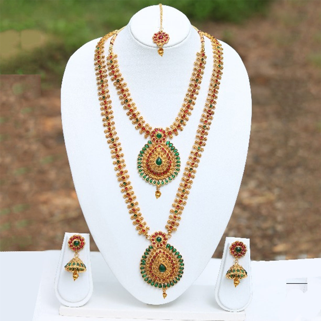 Fancy Drop Shape Green Maroon Color Haram Set