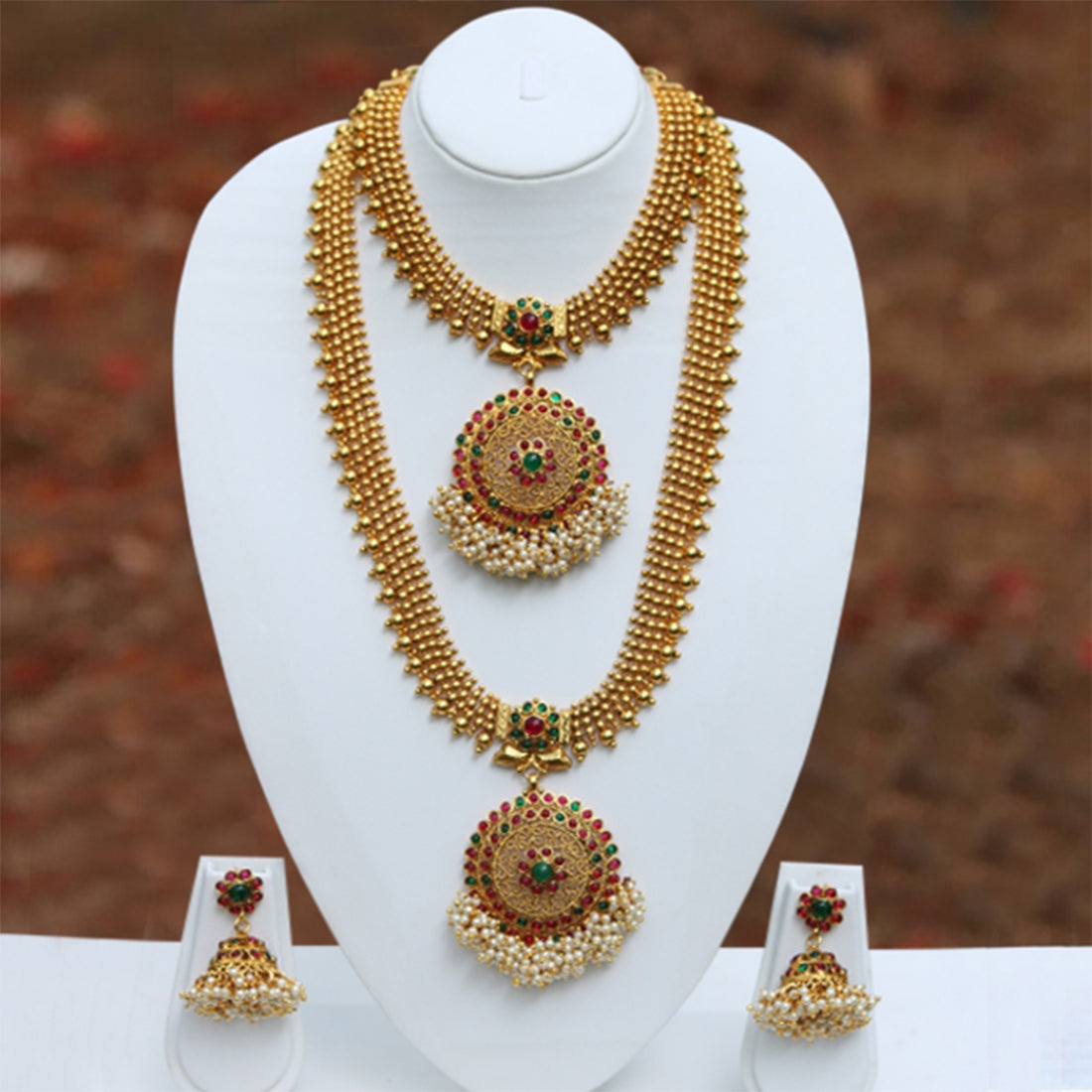 Artificial Round Shape Green Maroon Color Haram Set