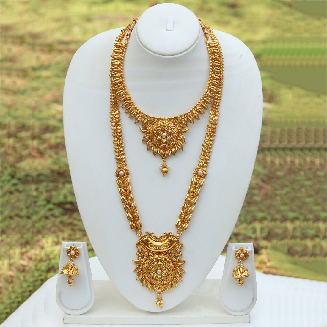 Amazing Semi Bridal Gold Plated Long Haram Wedding Necklace with Jhumki Earring Set