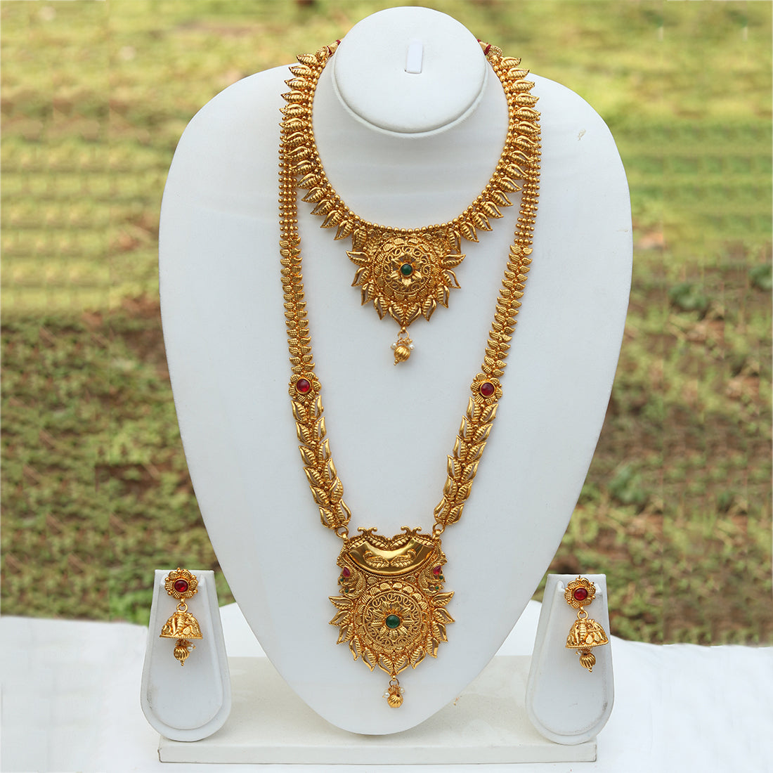 Amazing Semi Bridal Gold Plated Long Haram Wedding Necklace with Jhumki Earring Set