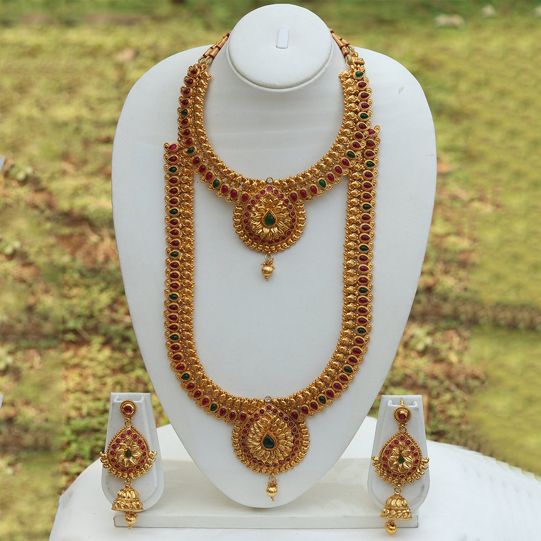 Heavy Antique Gold Plated Design Haram Wedding Necklace with Jhumki Set
