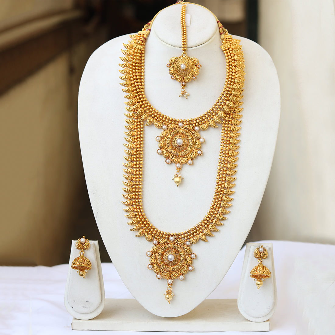 Beautiful Gold Plated Wedding Haram Semi Bridal Necklace Set