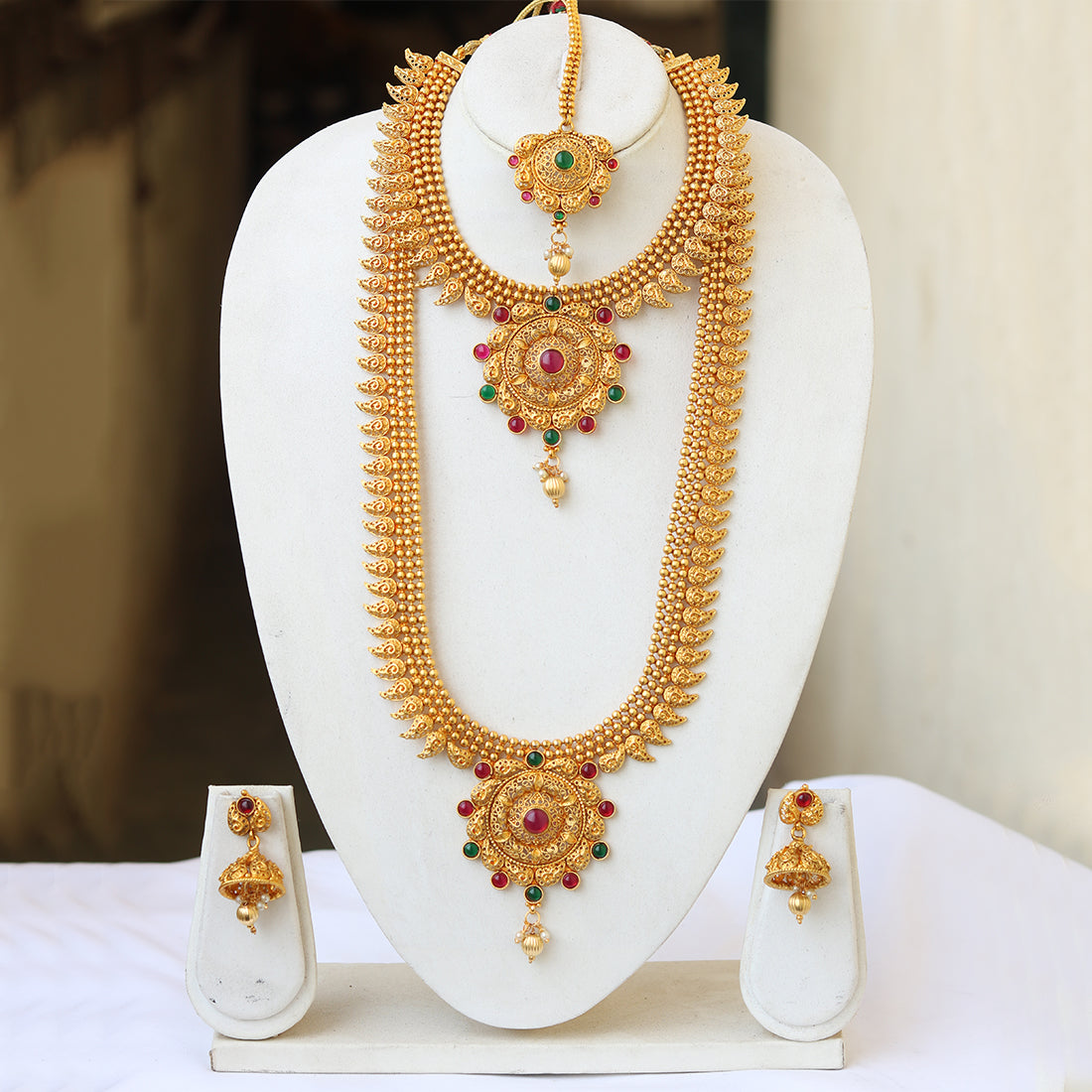 Beautiful Gold Plated Wedding Haram Semi Bridal Necklace Set