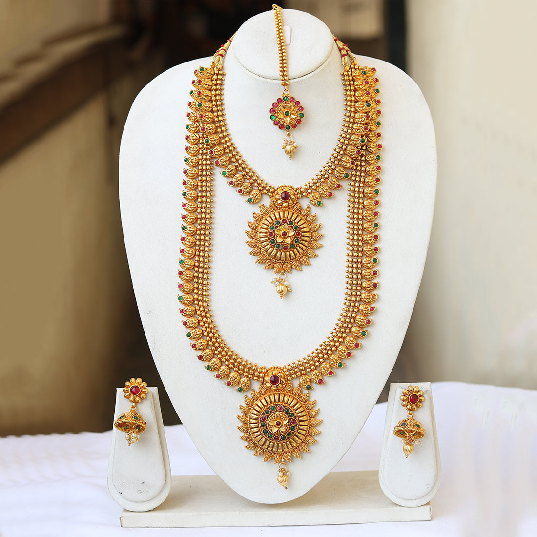 Wedding Gold Plated Haram Semi Baridal Necklace Set