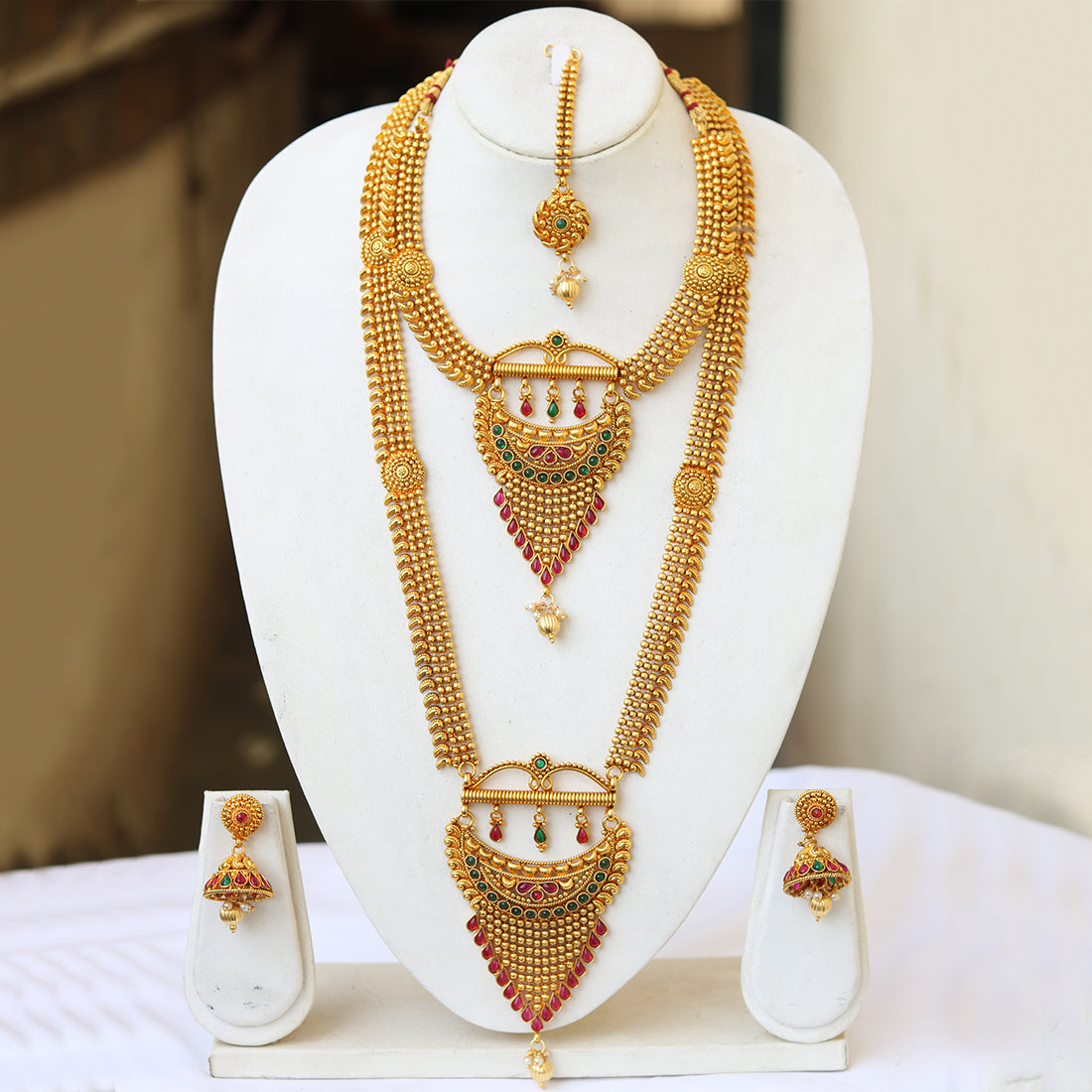 Beautiful Gold Plated Haram Semi Baridal Necklace Set