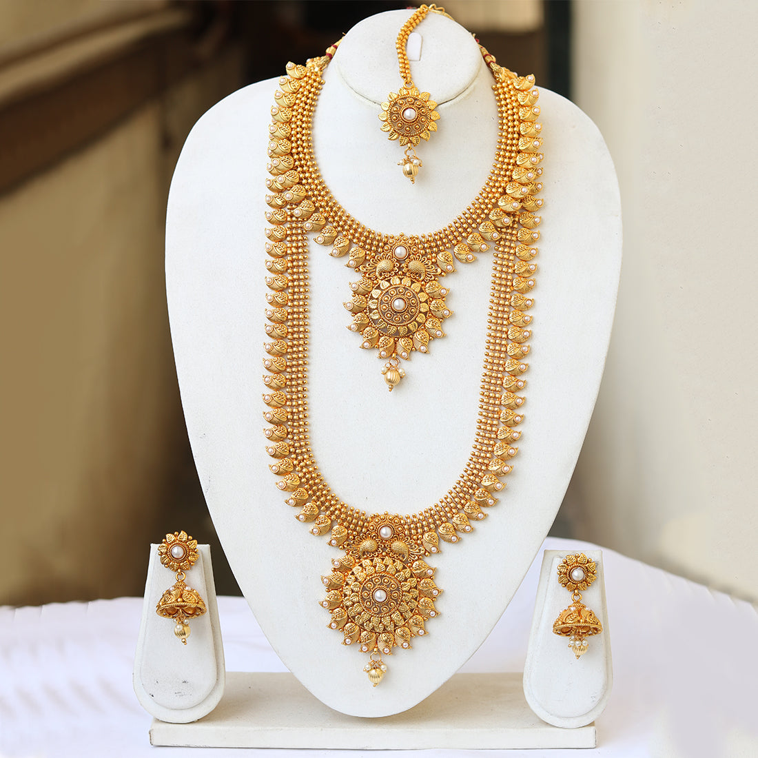 South Indian Peacock Gold Plated Haram Semi Baridal Necklace Set