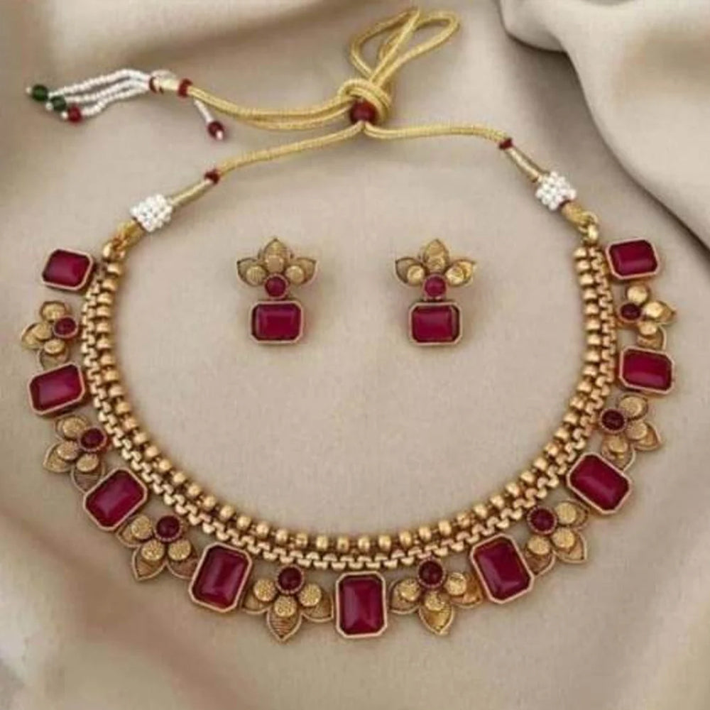 Fern Design Brass Metal Choker Necklace with Earring