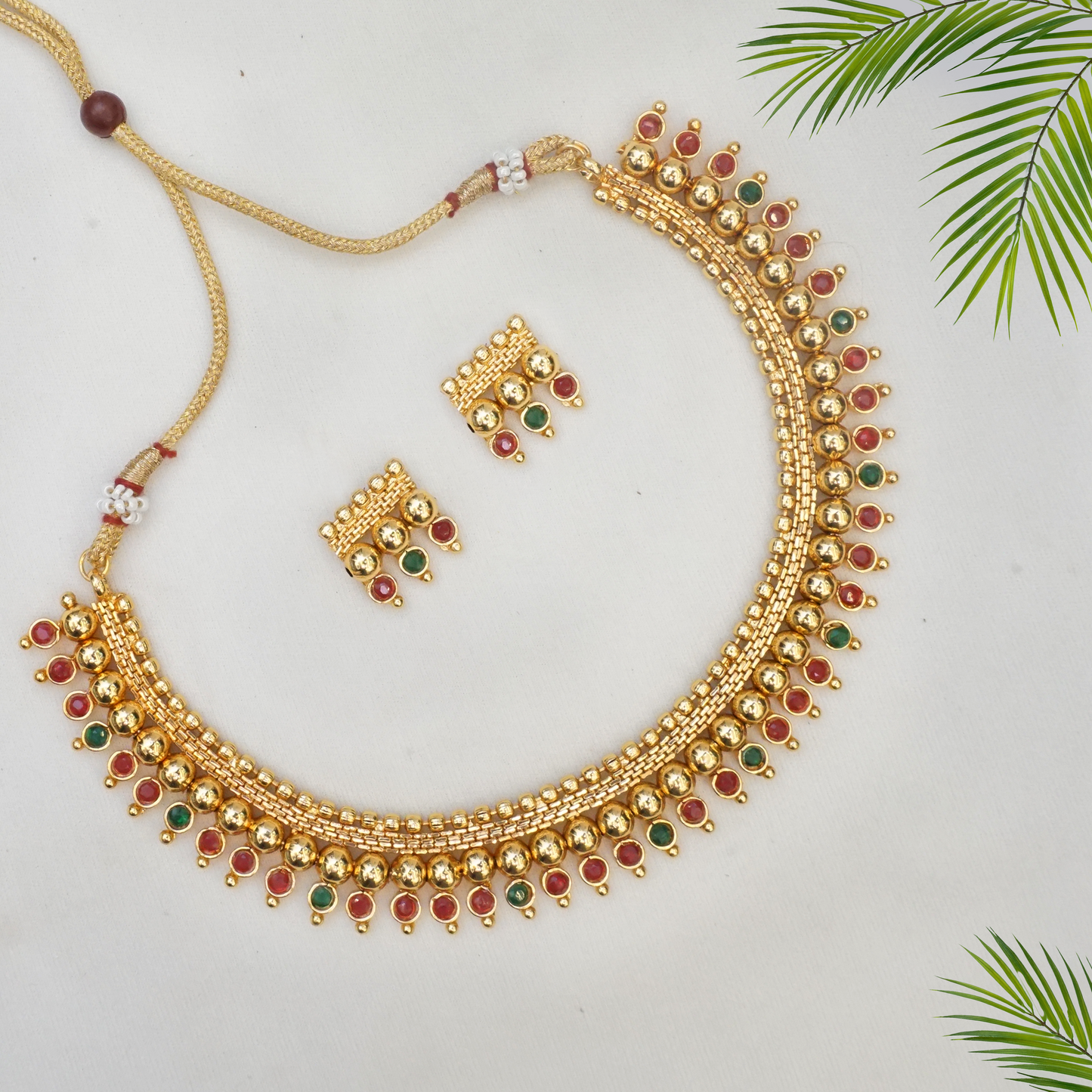 Radiant Antique Gold Plated green maroon Short Necklace Set